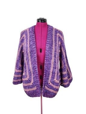 Handmade Crochet Open-Front Cardigan in Purple and Pink Geometric Boho Sweater